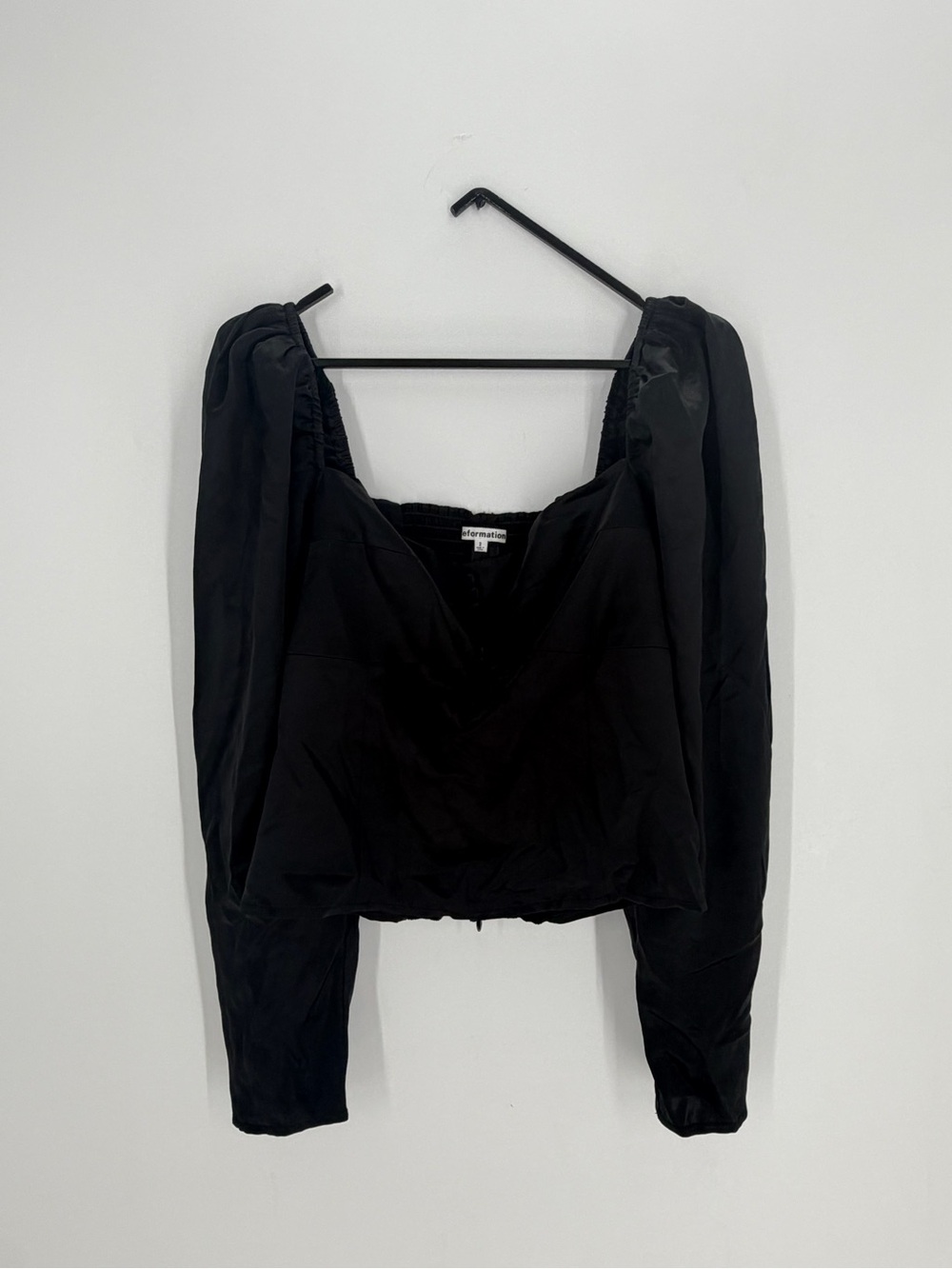 Reformation Abigale 100% Silk Bustier Square Neck Puff Long Sleeve Top In Black